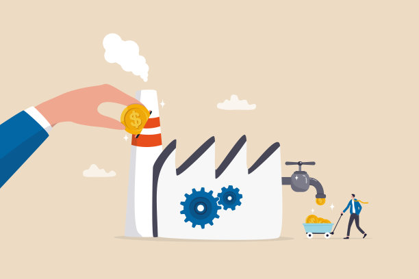 制造或生产赚取利润，工业或工厂，赚钱机器或制造概念，商人把钱投入工厂从生产中赚取更多的利润。图片下载