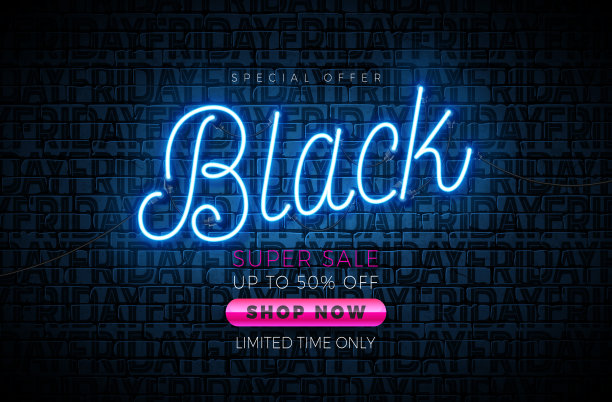 黑色星期五销售插图与发光的霓虹灯字母在黑色砖墙背景。矢量新年和圣诞节贺卡，传单，横幅，庆祝海报或聚会邀请的设计模板。图片下载