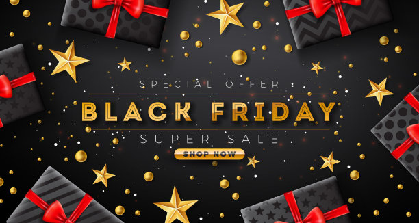 黑色星期五超级销售插图与金色字母和礼品盒在黑暗的背景。矢量新年和圣诞节贺卡，传单，横幅，庆祝海报或聚会邀请的设计模板。图片下载