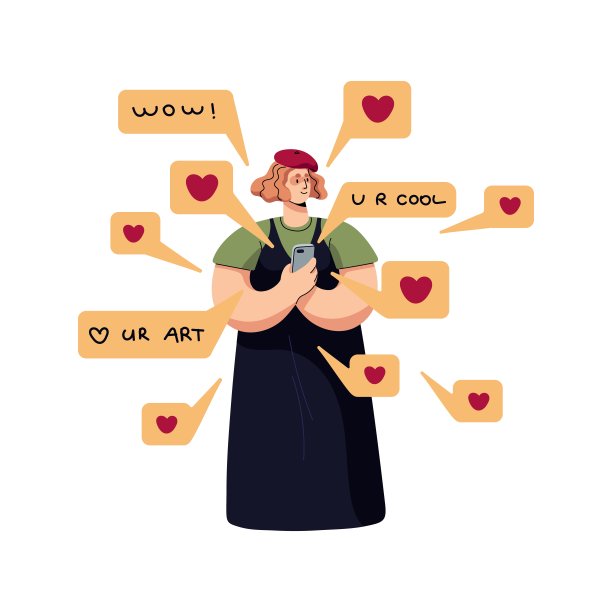 在线认可和社交媒体、网络认可。快乐的受欢迎的互联网博主与电话和积极的评论，喜欢。平面图形矢量插图孤立在白色背景图片下载