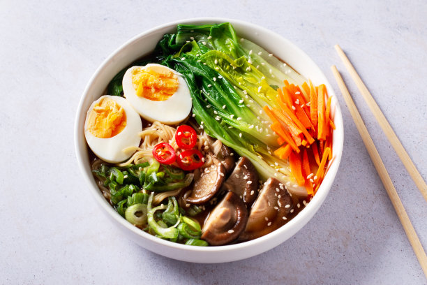 拉面汤面配鸡蛋，蘑菇，小白菜，白碗图片下载