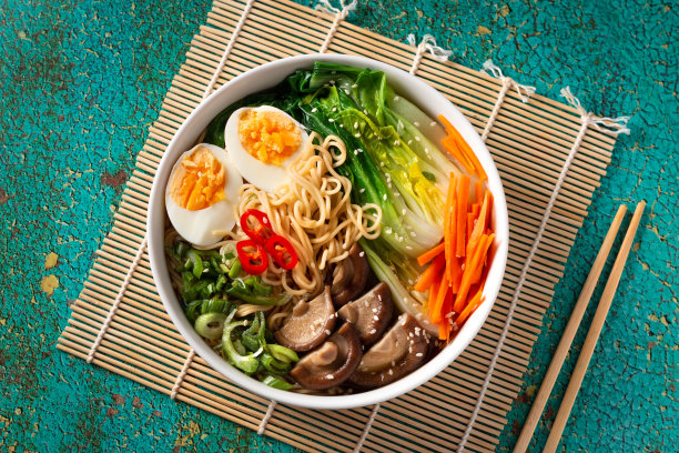 拉面汤面配鸡蛋，蘑菇，小白菜，白碗图片下载