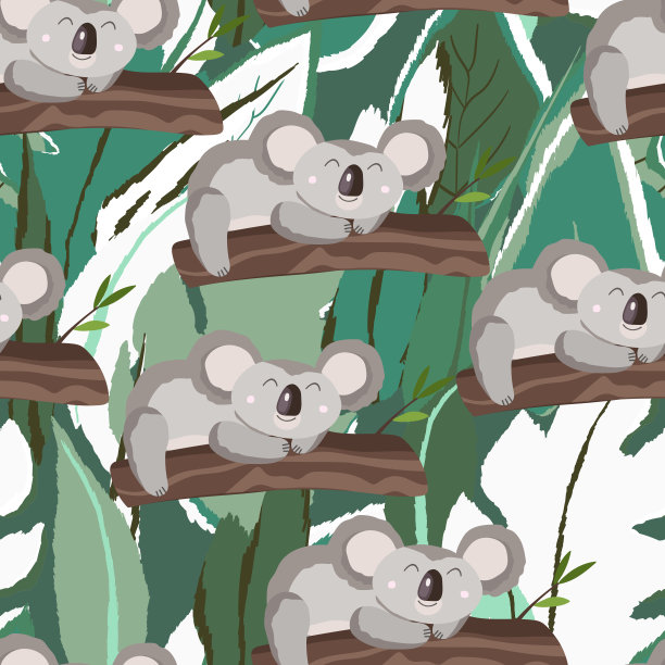 无缝图案与可爱的考拉宝宝的彩色背景。有趣的澳大利亚动物。给孩子们的卡片、明信片。平面矢量插图的织物，纺织品，墙纸，海报，纸图片下载