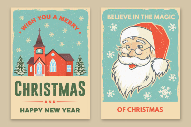 一套圣诞和新年快乐海报，传单，贺卡。集引用雪花，圣诞老人的脸和天主教教堂。向量。设计为圣诞节，新年的标志。图片下载