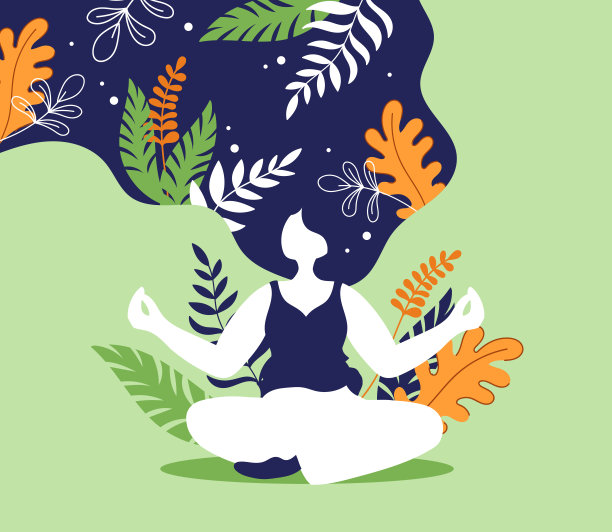 幸福女人在瑜伽中平静心灵。身体心理健康观念，自然禅意，精神平衡。快乐的女孩在冥想体式，树叶和花朵的背景，矢量卡通插画图片下载