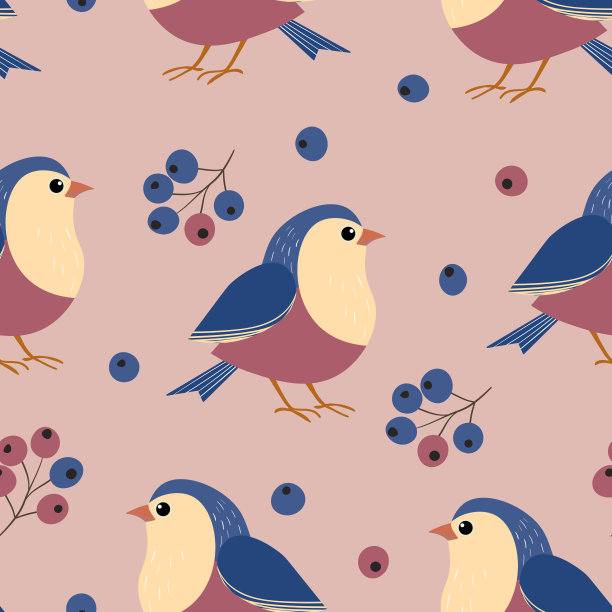 无缝的图案，有趣的彩色鸟，花，树叶和浆果。彩色平面矢量插图与小卡通鸟。可爱的人物。设计邀请函，海报，卡片，纺织品，织物图片下载