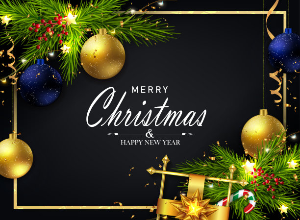 圣诞黑色卡片与框架，针叶树花环和球挂件图片下载
