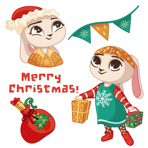 收藏圣诞插图，新年的字符，一年的象征，兔子，礼物，冬天的东西和字母。冷杉枝元素孤立在白色背景。矢量插图。图片下载