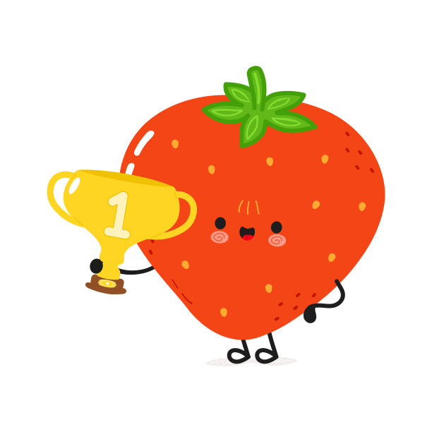 可爱有趣的草莓捧金杯。矢量手绘卡通卡哇伊人物插画图标。孤立的白色背景。草莓与冠军奖杯杯图片下载
