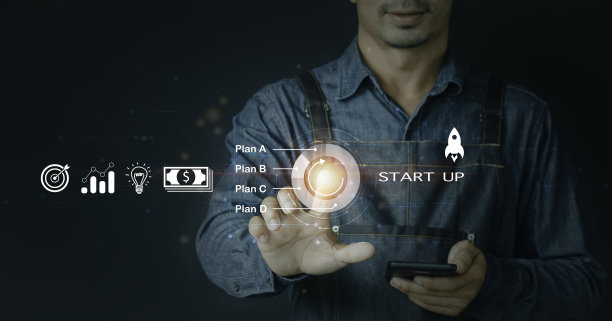 创业基金众筹投资风险投资创业企业、技术、互联网和网络概念——商人在虚拟屏幕上按一个按钮图片下载