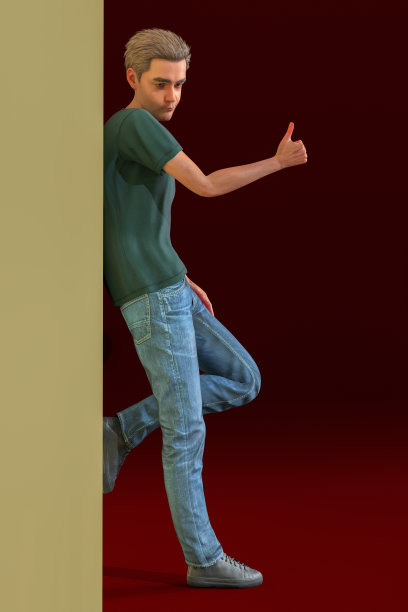 酷男人竖起大拇指满意的态度在墙上搭讪正面ok手势3D插图图片下载