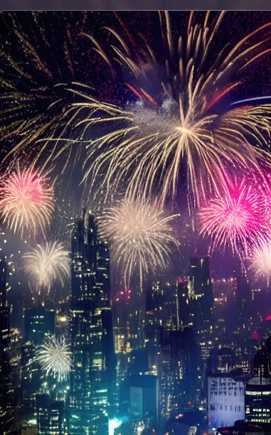 除夕夜，城市上空放着新年的烟花图片下载