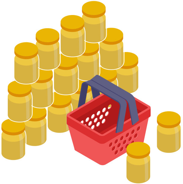 空的购物车和一堆黄色的罐子图片下载