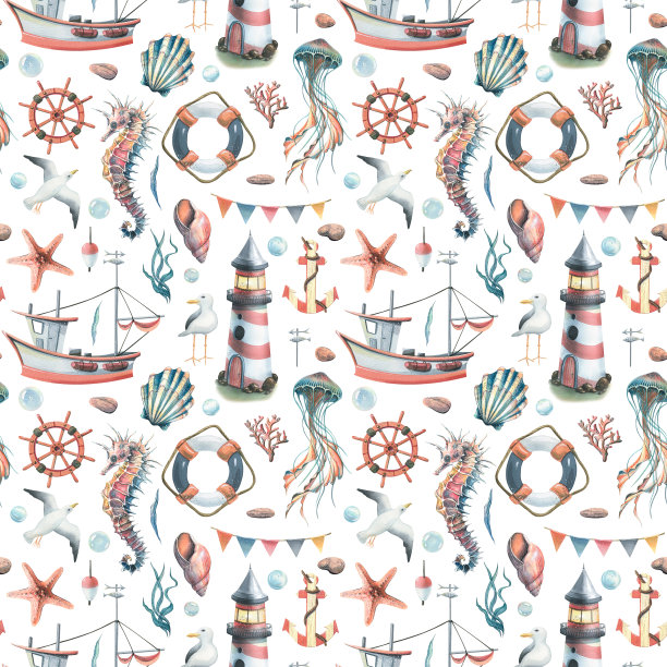 无缝模式与海洋水下居民，灯塔和船。水彩插图在白色背景从交响乐的海洋集合图片下载