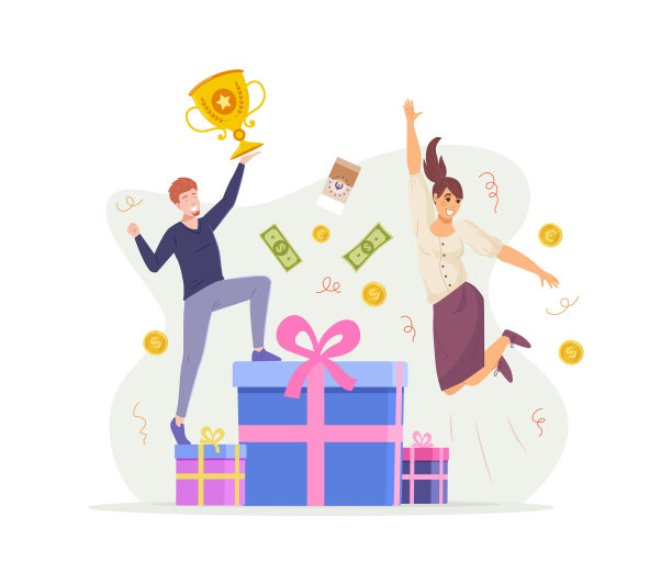 快乐的人们站在一堆礼品盒上接受奖励。快乐的夫妇庆祝胜利，冠军奖杯和金钱在他们周围飞舞。忠诚或奖励计划，现金返还，奖金图片下载