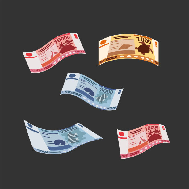CFP法郎矢量插图。法国海外集体货币套装捆钞。跌，飞钱1000,5000,10000 XPF。平的风格。孤立的白色背景。简约的设计。图片下载
