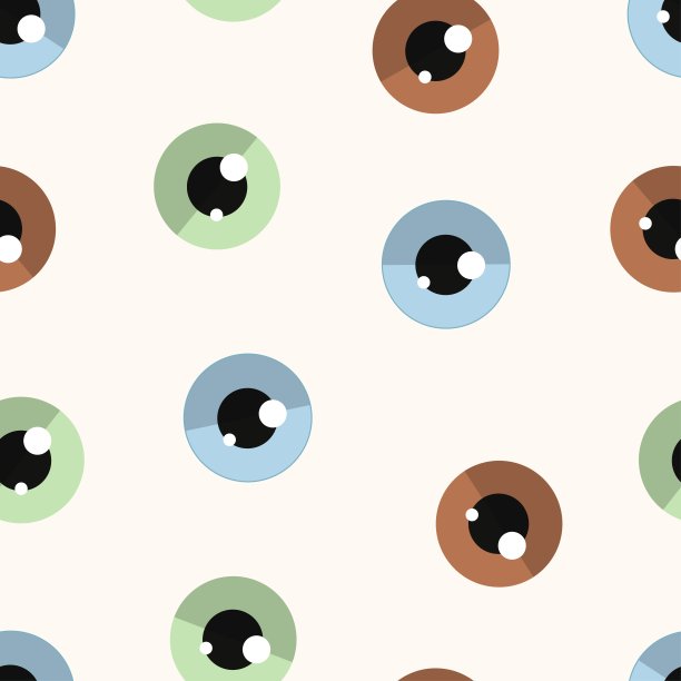 在米色的背景上，蓝色、绿色和棕色眼睛的无缝图案。图片下载