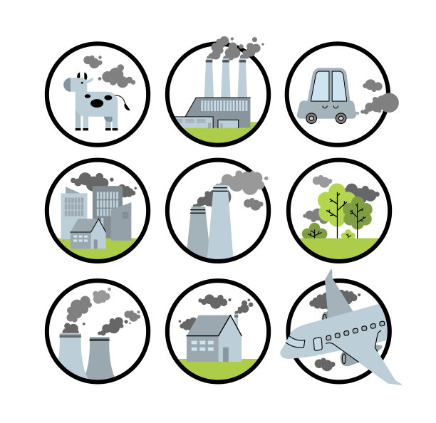 二氧化碳碳气体排放源平面矢量图标集隔离在白色。交通运输、制造业、农业和人类生活产生的不同温室气体范围。阻止全球变暖。图片下载