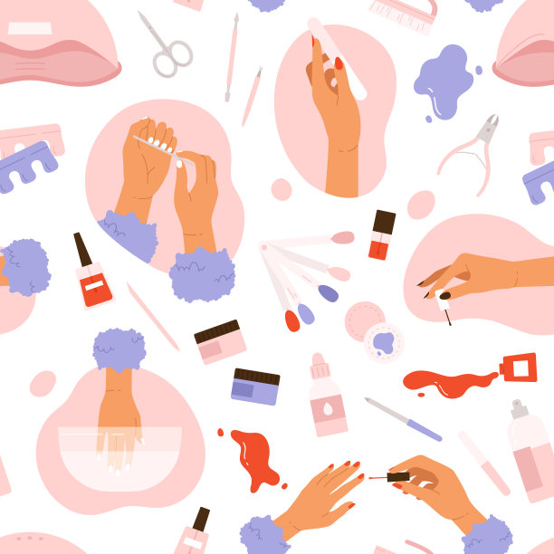 美甲工具无缝模式。女人的手和配饰。指甲护理产品在沙龙或在家里。美容美容美学。卡通风格的矢量插图。孤立的背景图片下载