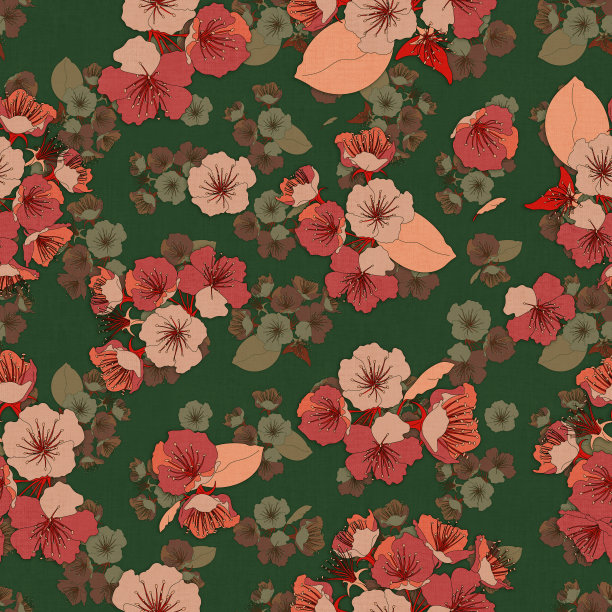 无缝模式的花朵在深绿色的背景上鲜艳的颜色。用于纺织品，墙纸，包装纸的插图。图片下载