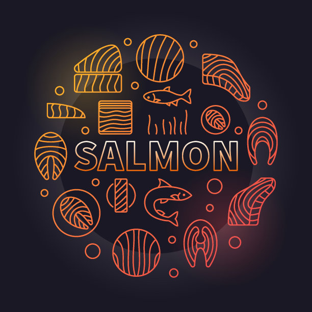 三文鱼圆插图-矢量彩色鱼肉标志图片下载