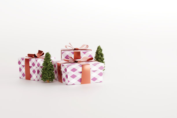 礼品盒和圣诞树在浅白色的背景。图片下载