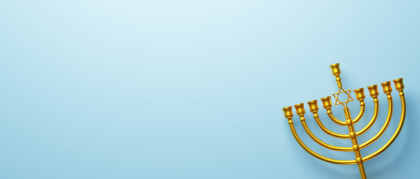 金色烛台在柔和的蓝色背景。光明节犹太节日横幅设计与复制空间。三维渲染图片下载