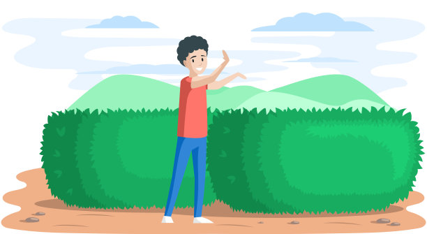 男生在夏日公园散步，站在自然景观中长方形的绿色灌木丛旁图片下载