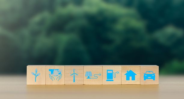 背景模糊的木质立方体与ESG图标的视图图片下载