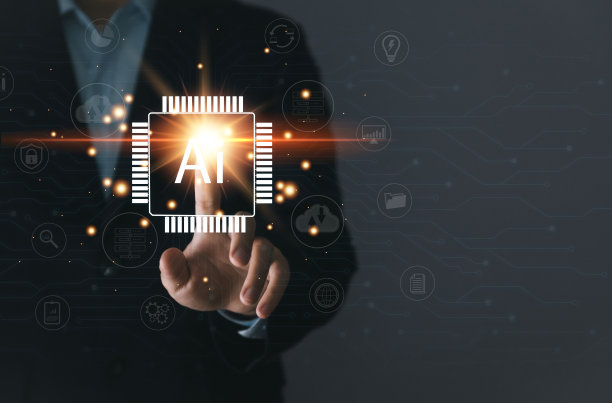 商人触摸AI技术与图标，数字化转型管理大数据管理图片下载