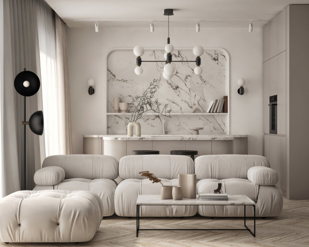客厅、厨房、餐厅的现代室内设计。豪华公寓背景与当代设计。墙模型。3D渲染，3D插图。图片下载