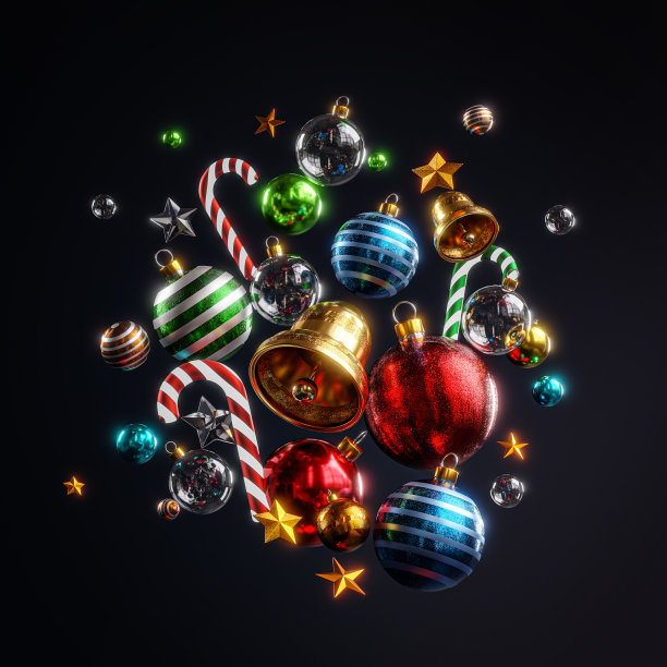 圣诞棒铃铛糖果星星球玻璃物体饰品暗橙色背景3D渲染图片下载