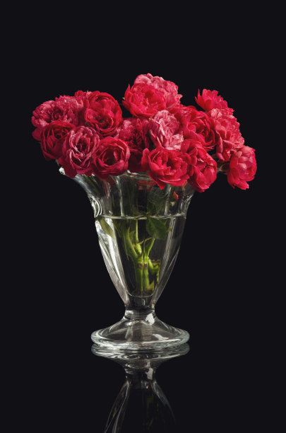 花瓶里的红玫瑰被孤立在黑色背景上的垂直照片图片下载