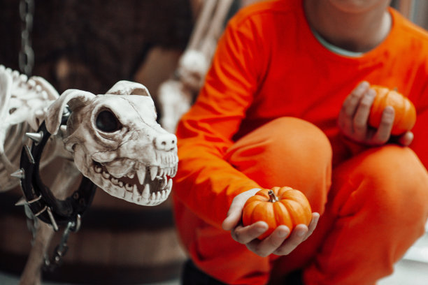 偷拍真实的少年肖像与脸画在装饰骷髅派对万圣节图片下载