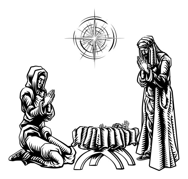 圣诞诞生场景复古木刻风格图片下载