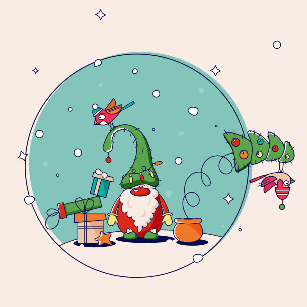 矢量卡通插画，一个友好的，有趣的圣诞侏儒，有胡子的精灵，礼物，一个有趣的圣诞树，和红腹雀。冬季传统庆典装饰。图片下载