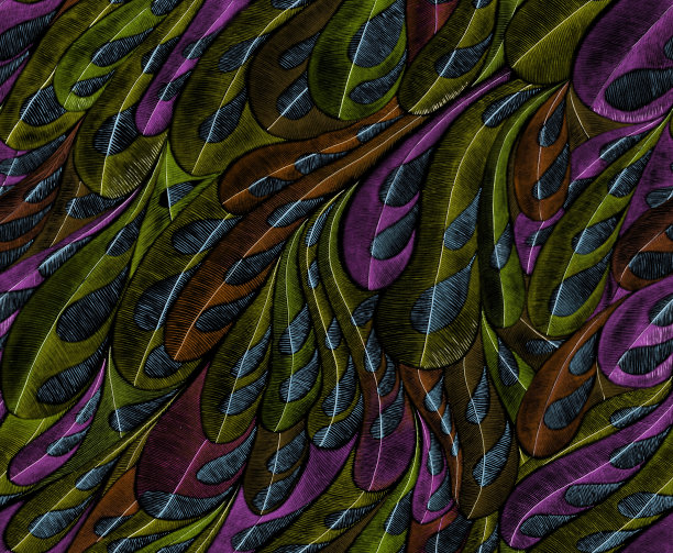 与鸟羽毛无缝模式。手绘铅笔画了许多抽象的紫色和绿色羽毛在黑色的背景。模板设计，纺织，墙纸，服装，陶瓷。图片下载