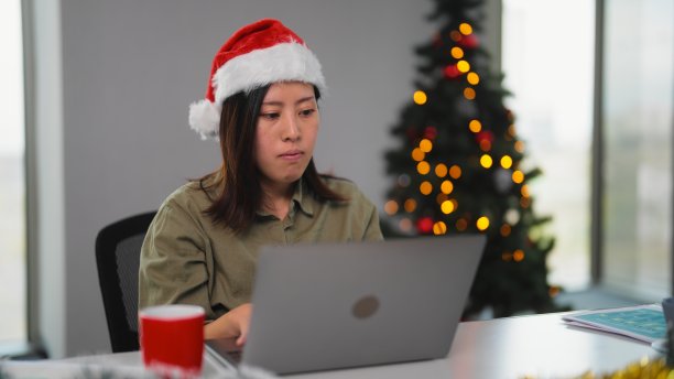 圣诞节期间，年轻的女商人在办公室用笔记本电脑工作图片下载