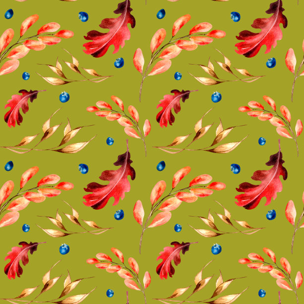 明亮的秋红叶和小穗水彩无缝图案的绿色。图片下载