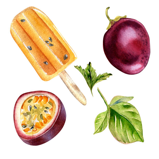 一套百香果冰淇淋水彩插图孤立在白色。图片下载