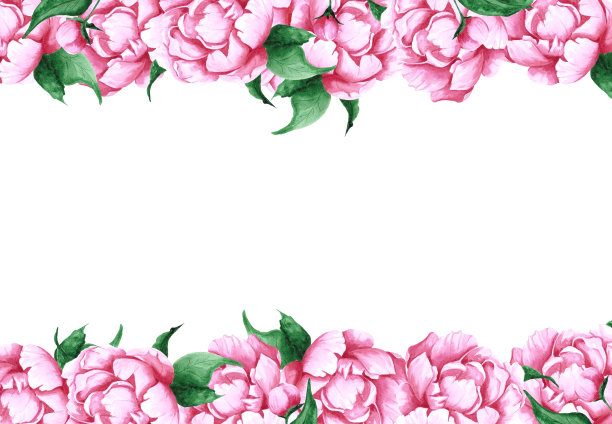手绘水彩画粉色牡丹花框与绿色的叶和芽在白色的背景。剪贴簿设计，婚礼请帖，标签，横幅，明信片。图片下载
