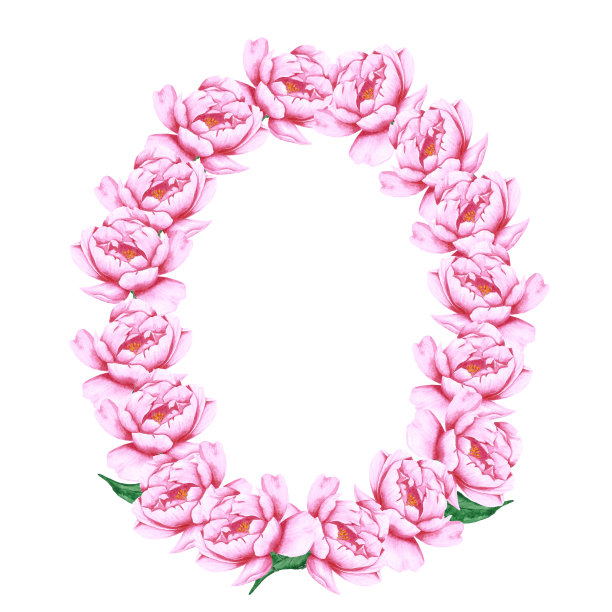 手绘水彩粉红色牡丹花圆框边框与绿色的叶和芽在白色的背景。剪贴簿设计，婚礼卡片和请柬，标签，横幅，明信片。图片下载