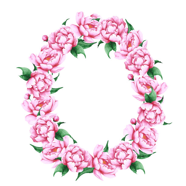 手绘水彩粉红色牡丹花圆框边框与绿色的叶和芽在白色的背景。剪贴簿设计，婚礼卡片和请柬，标签，横幅，明信片。图片下载