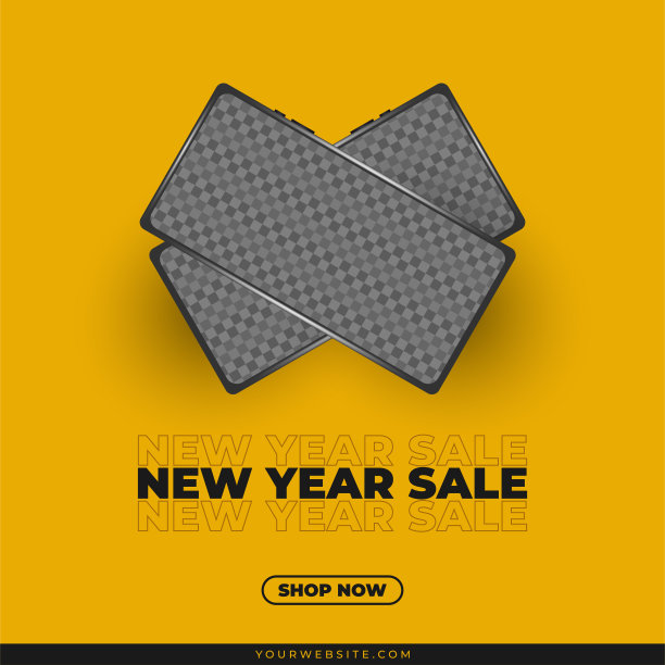 新年销售横幅或海报与智能手机模型的黄色背景图片下载