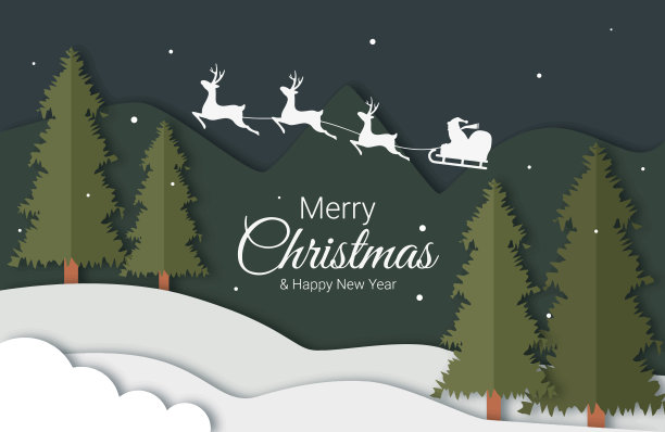 圣诞快乐新年快乐圣诞banner，雪地空地上的冷杉树和在天空中奔跑的鹿图片下载