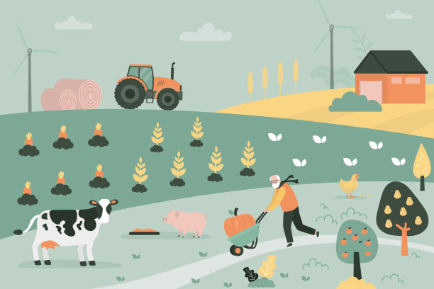 农村的观点。年老的农民拉着庄稼的菜车。家畜，家禽产品，有机食品。乡村景观，农场。生态农业食品。农田、牧场。图片下载