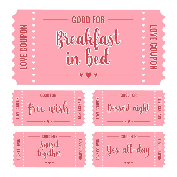 给男女朋友的爱情优惠券。情人节的票。爱情，浪漫的概念。向量集。所有元素都是隔离的图片下载