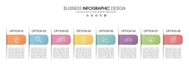 彩色信息图表模板与8个选项。流程图。向量图片下载