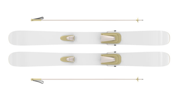 白色高山滑雪与金色绑定和杆3d渲染。极冬户外运动装备。塑料下坡模型，雕刻或自由骑滑雪板孤立的背景图片下载