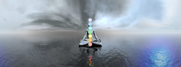 在海洋和脉轮颜色上冥想的人- 3D渲染图片下载